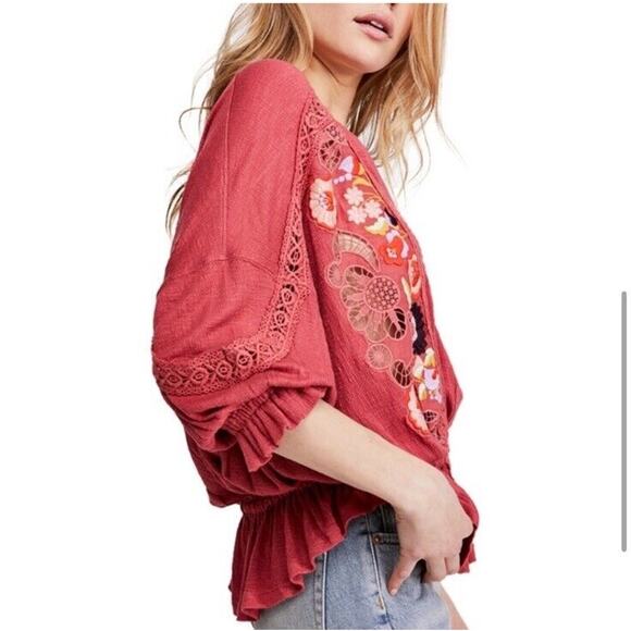 Free People Serafina Embroidered Floral Crochet Boho Top in Sangria Combo S - Picture 3 of 12